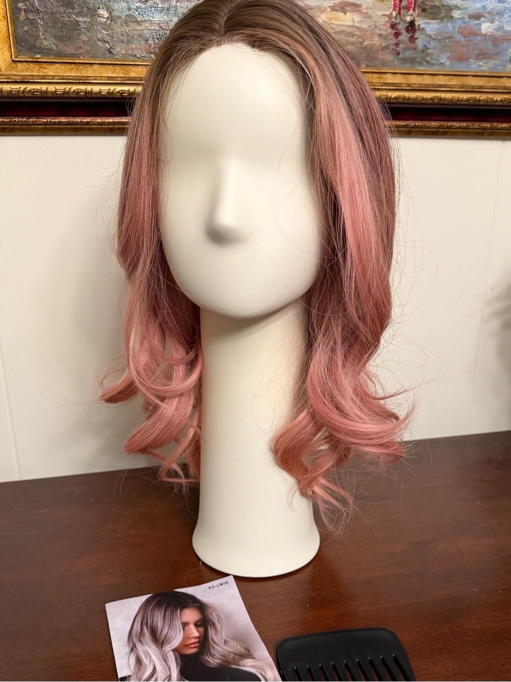 LONAI Ombre soft rose Pink Wavy Wig | Dark Roots Shoulder mid Length - Picture 3 of 10
